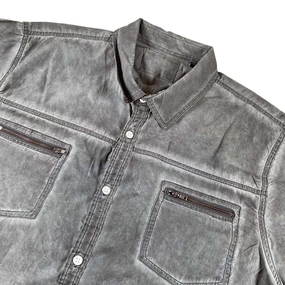 GUESS XXL Gray Acid Wash Shirt Short Sleeve Button Up Zip Pockets Menswear‎